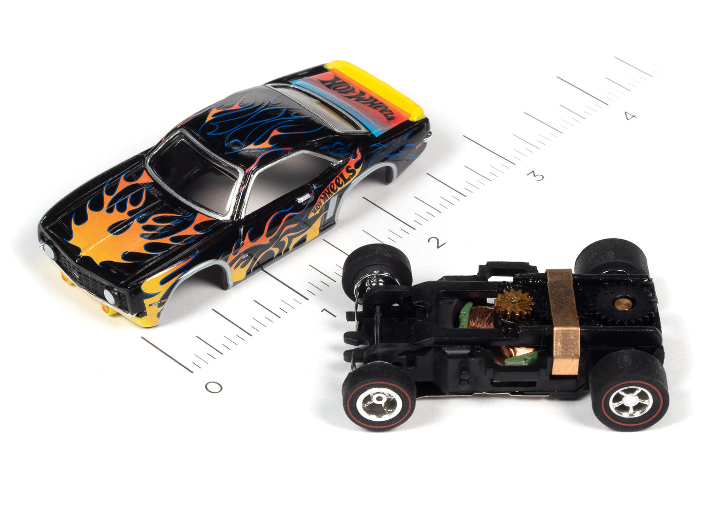 1969 Chevy Camaro SS (Black/Flames) H.O. Scale Slot Car, Xtraction Chassis