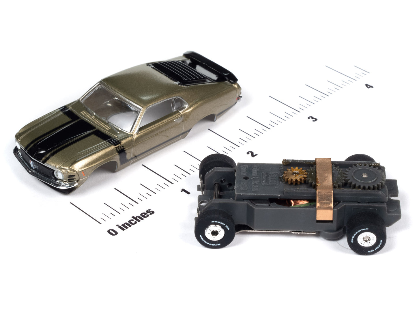 1970 Ford Mustang Boss 302 (Gold) H.O. Scale Slot Car, ThunderJet Chassis