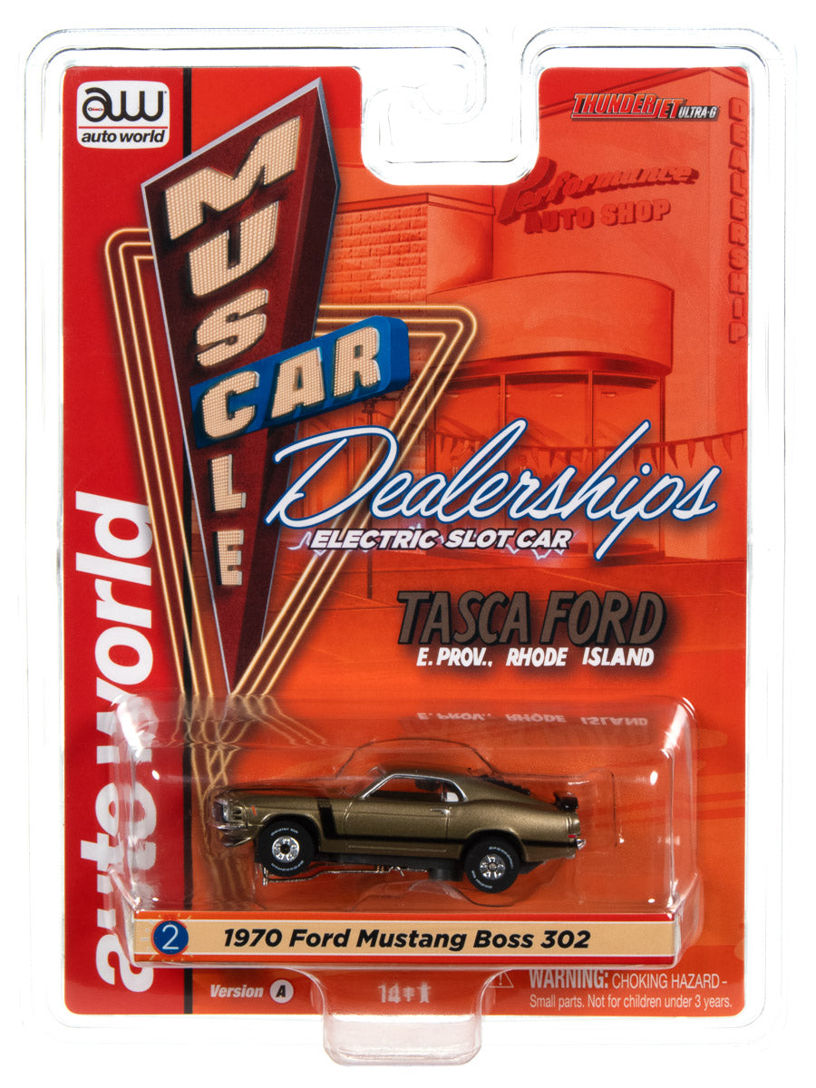 1970 Ford Mustang Boss 302 (Gold) H.O. Scale Slot Car, ThunderJet Chassis