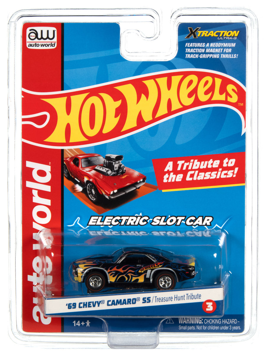 1969 Chevy Camaro SS (Black/Flames) H.O. Scale Slot Car, Xtraction Chassis
