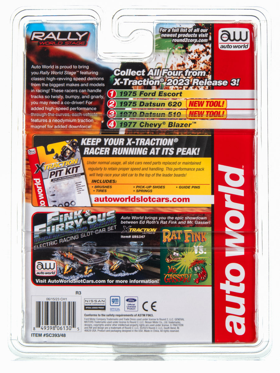 1975 Ford Escort (Yellow/Red/Green) H.O. Scale Slot Car, Xtraction Chassis