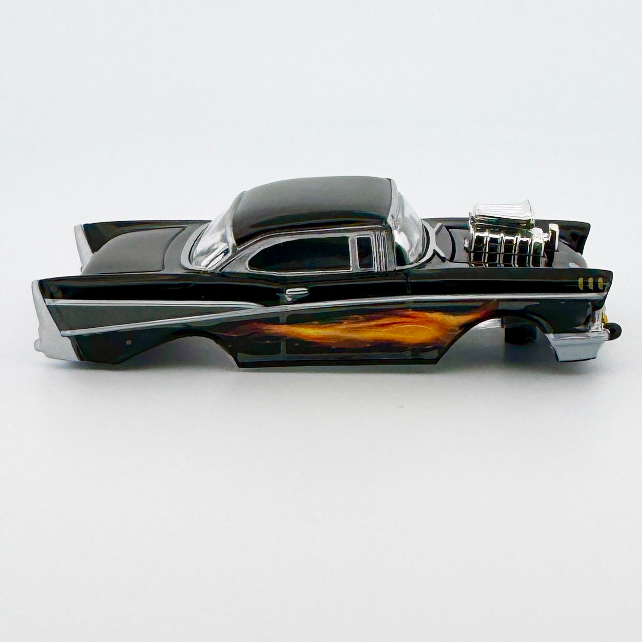 Auto World 1957 Chevy Bel Air Body, Black Orange Flames, Fits Aurora TJet Chassis, H.O. Slot Cars