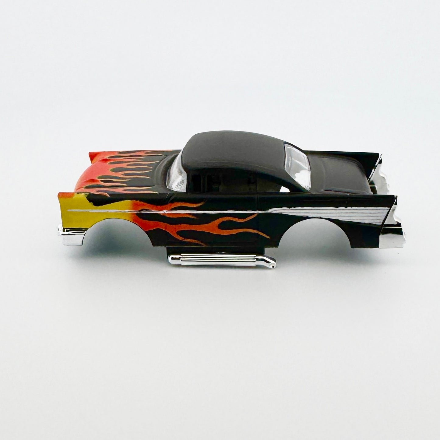 1957 Chevy Bel Air, Matte Black with Flames Body, H.O. Scale Slot Car Body for AFX Side View