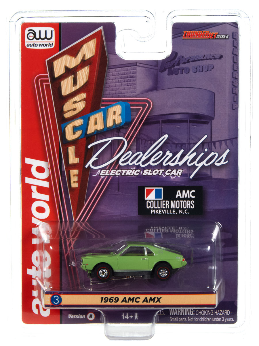 1969 AMC AMX Collier Motors (Green) H.O. Scale Slot Car, ThunderJet Chassis