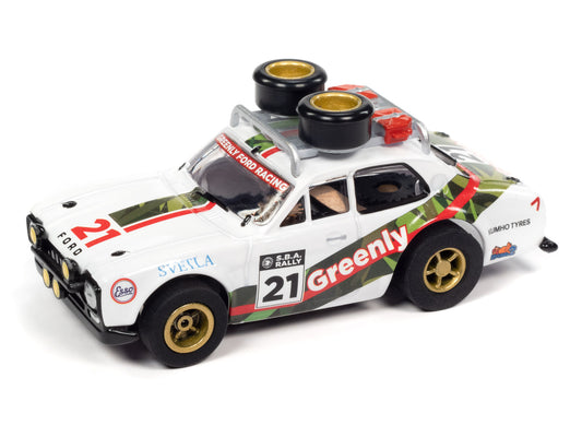 1975 Ford Escort (White/Green) H.O. Scale Slot Car, Xtraction Chassis
