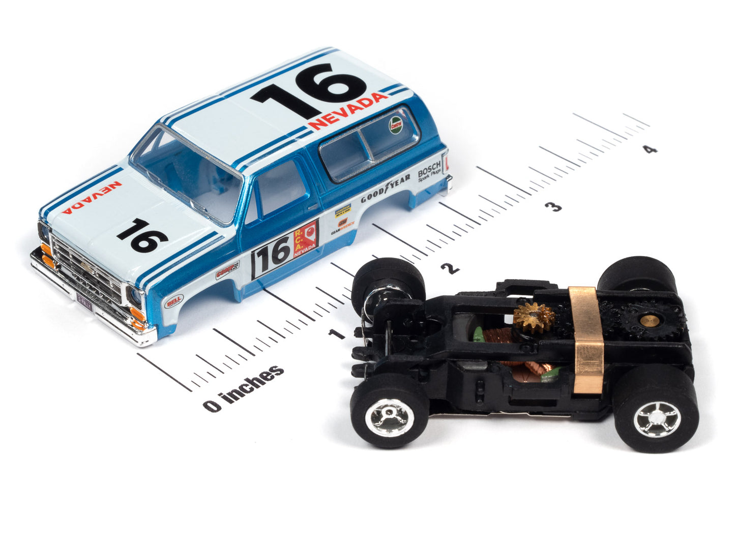 1977 Chevy K5 Blazer (Blue/White) H.O. Scale Slot Car, Xtraction Chassis