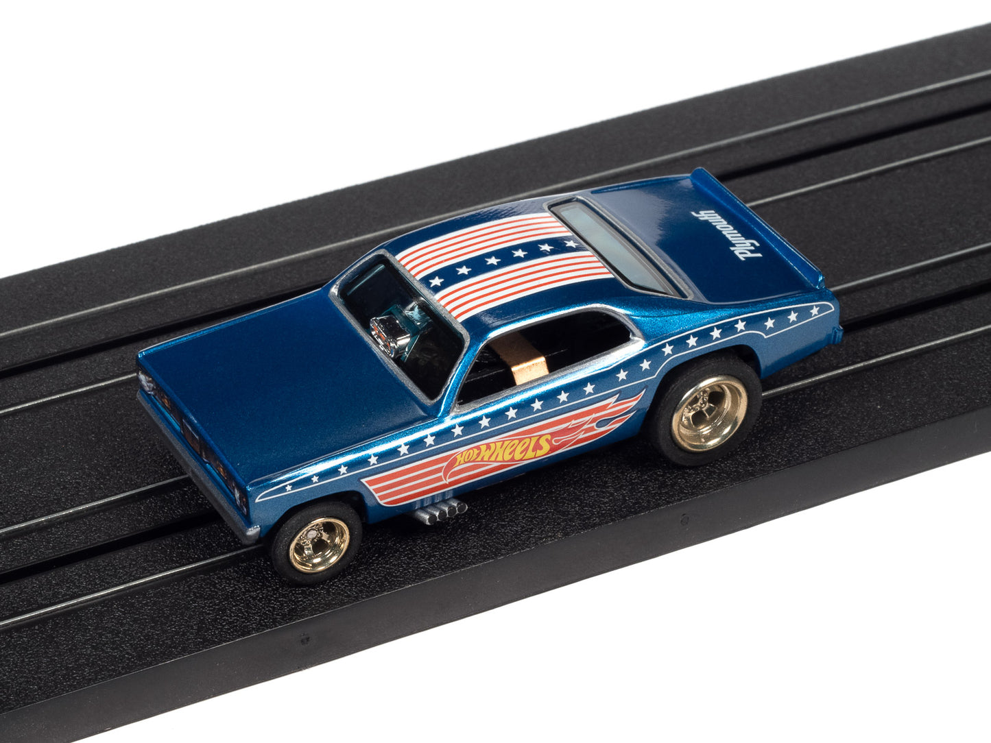 1970 Plymouth Duster Funny Car (Blue) H.O. Scale Slot Car, 4 Gear Chassis