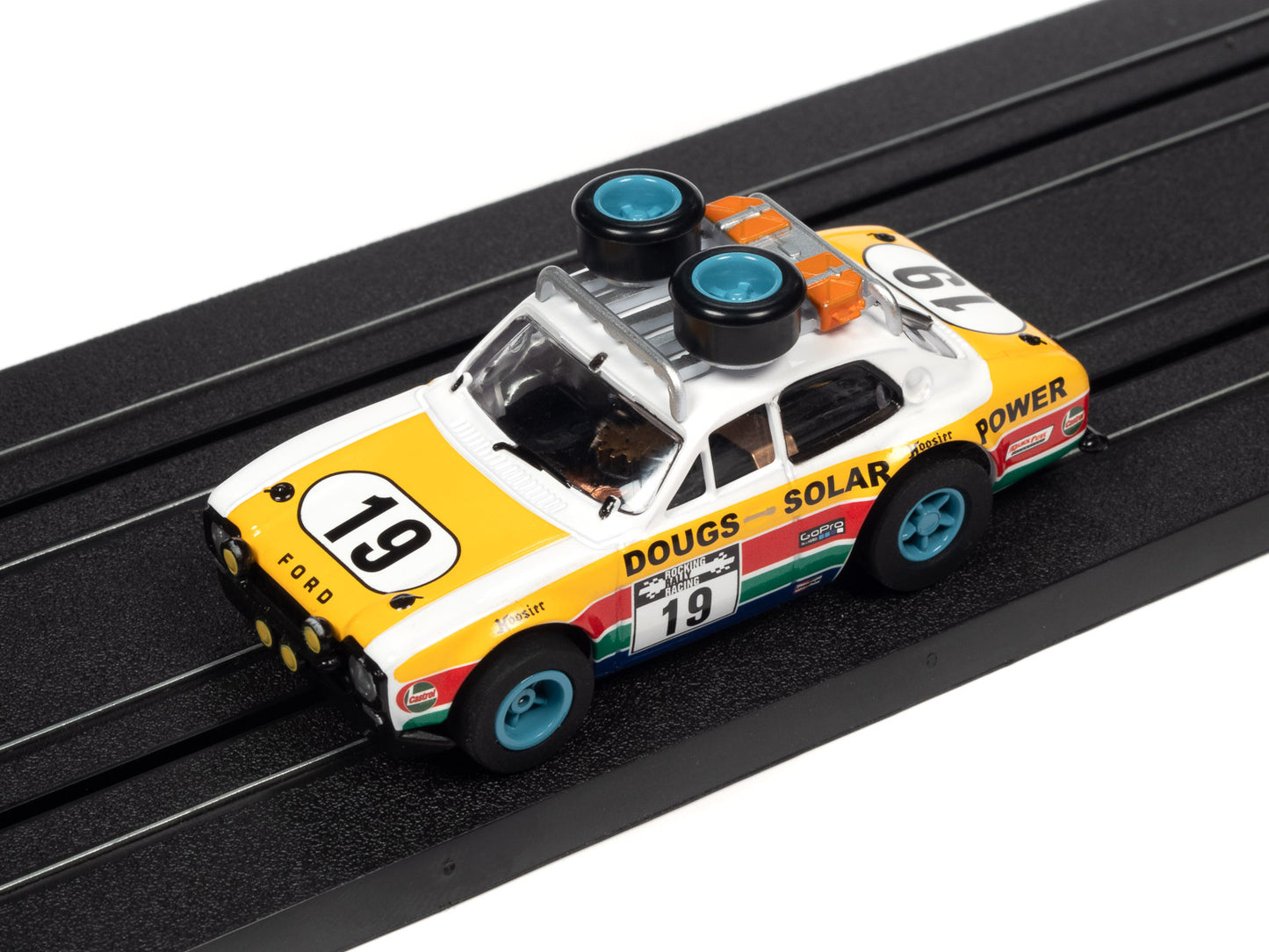 1975 Ford Escort (Yellow/Red/Green) H.O. Scale Slot Car, Xtraction Chassis