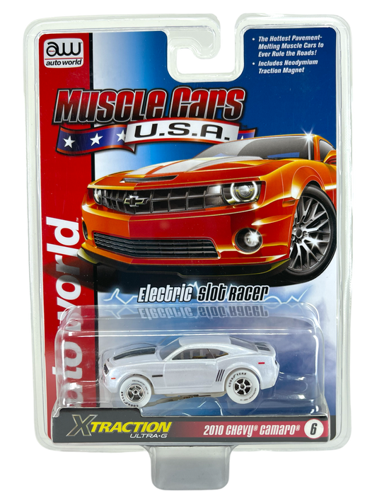 2010 Chevy Camaro White / Black Stripes, iWheels Chase, Xtraction Chassis, H.O. Scale Slot Car