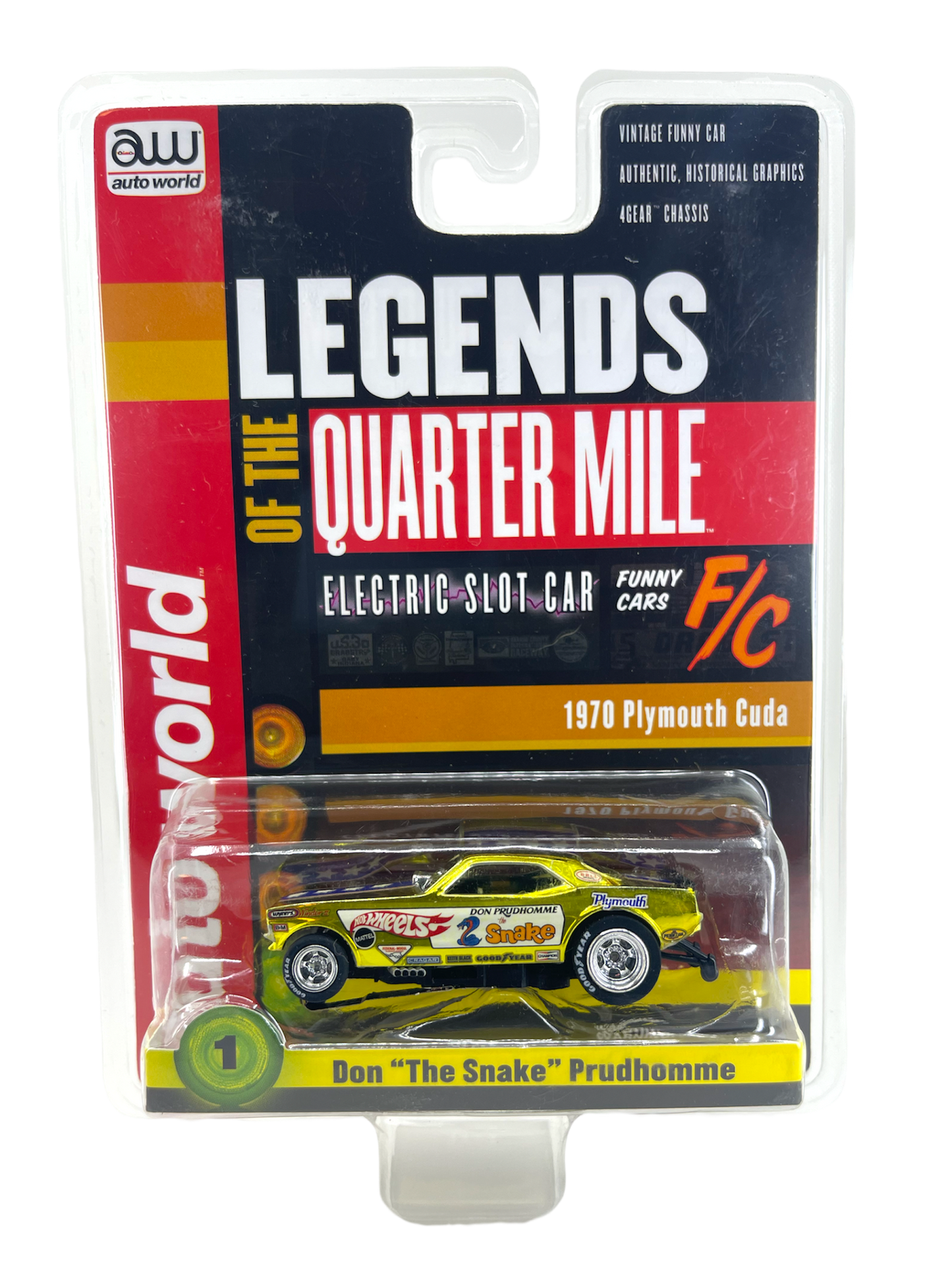 1970 Plymouth Cuda Don "The Snake" Prudhomme Chrome Gold Legends of the Quarter Mile Auto World HO Slot Car