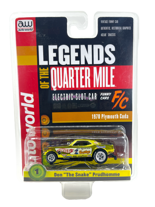 1970 Plymouth Cuda Don "The Snake" Prudhomme Chrome Gold Legends of the Quarter Mile Auto World HO Slot Car