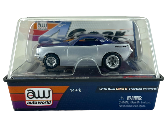 1970 Plymouth Hemi Cuda, Silver / Purple, 4 Gear Chassis, Auto World H.O. Scale Slot Car