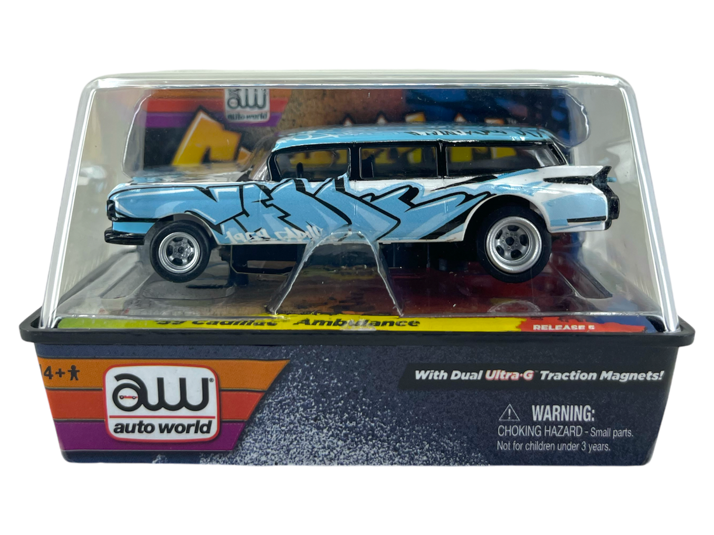 1959 Cadillac Hearse Ambulance Carffiti, Blue, Auto World 4 Gear Chassis H.O. Scale Slot Car