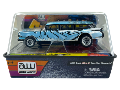 1959 Cadillac Hearse Ambulance Carffiti, Blue, Auto World 4 Gear Chassis H.O. Scale Slot Car