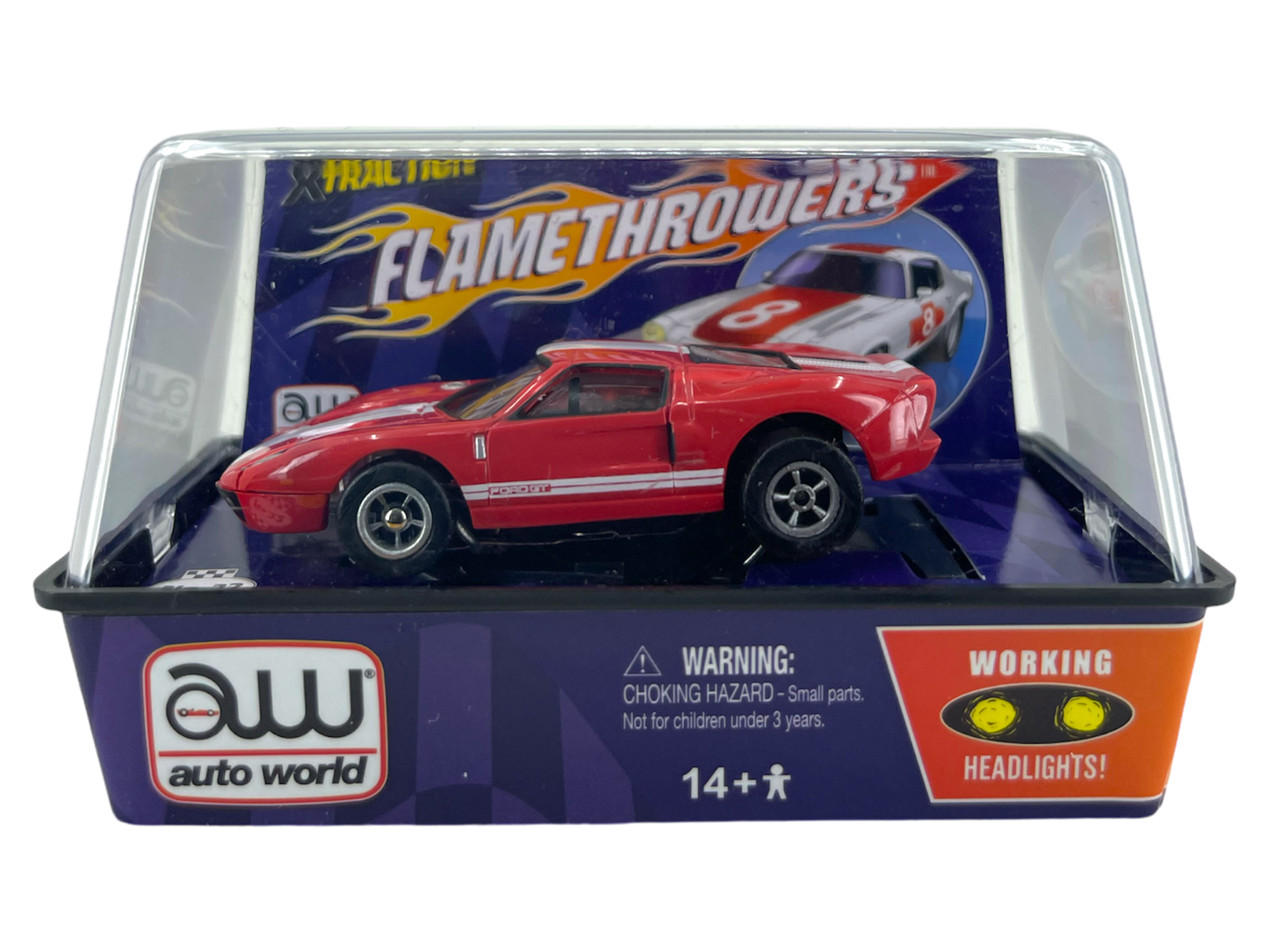 2005 Ford GT, Red with White Stripe Flame Throwers Lighted Auto World XTraction, H.O. Slot Car