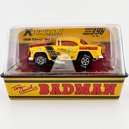 55 Chevy Bel Air, Yellow BADMAN Limited Exclusive HO Slot Car XTraction Chassis