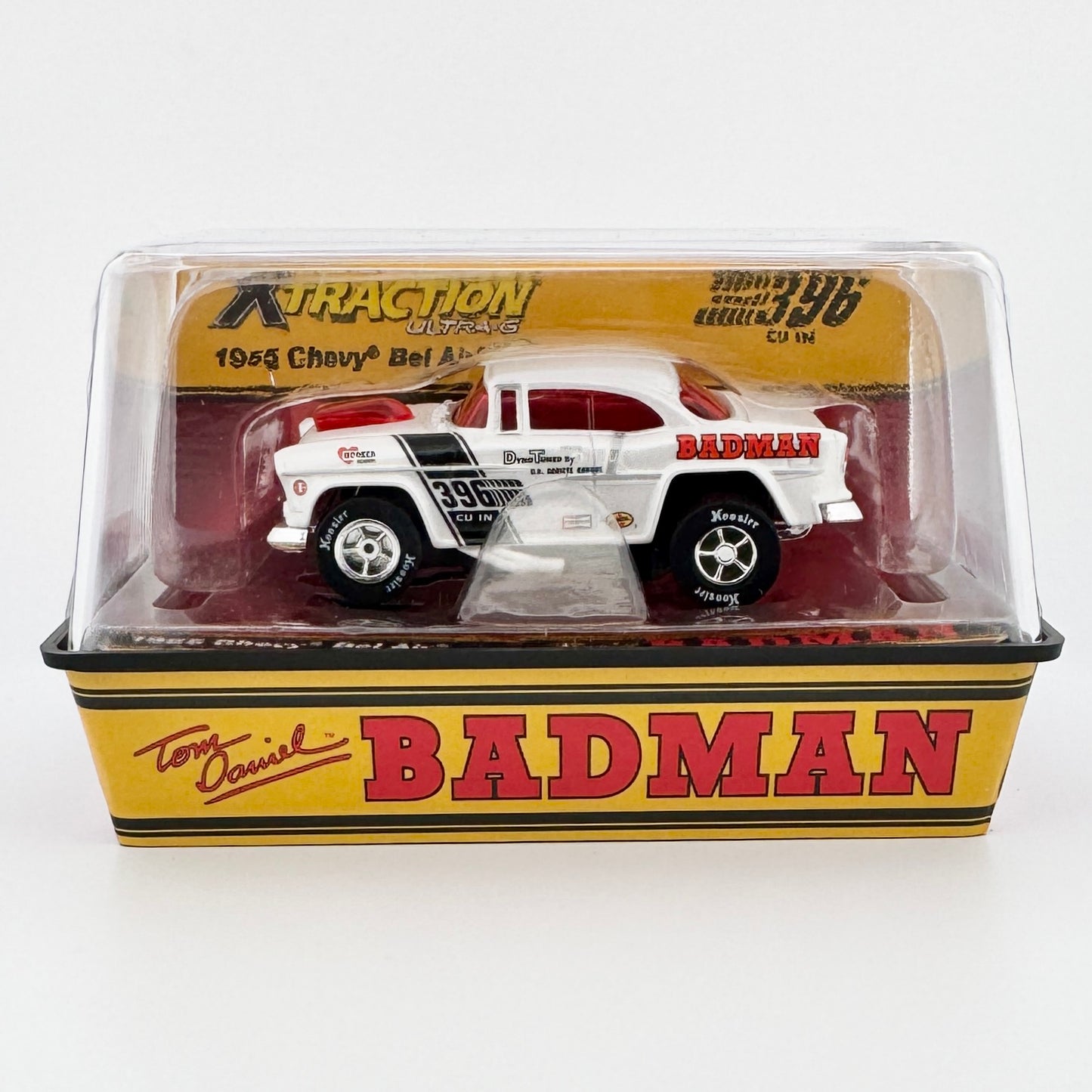 55 Chevy Bel Air, Pearl White BADMAN Limited Exclusive HO Slot Car XTraction Chassis