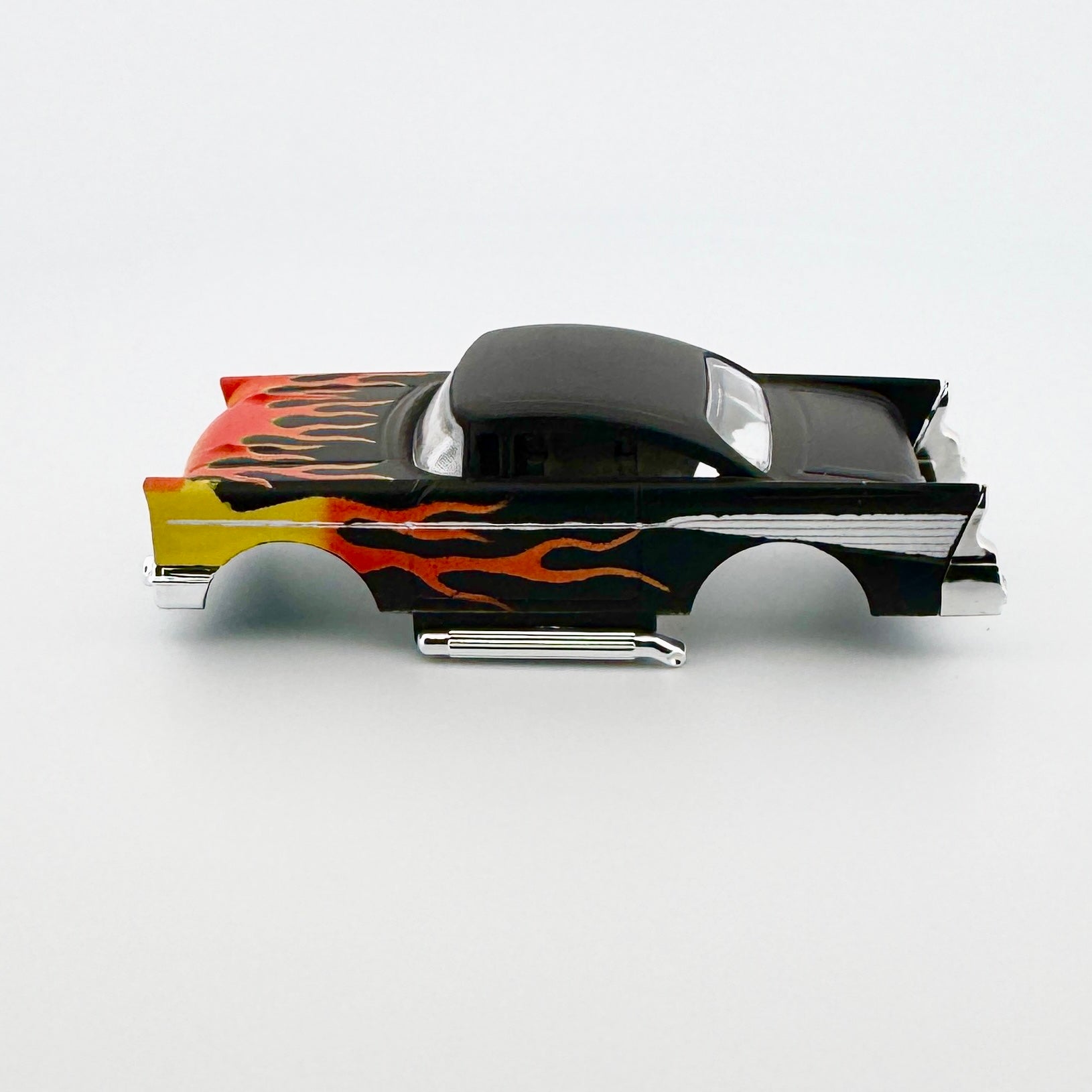 1957 Chevy Bel Air, Matte Black with Flames Body, H.O. Scale Slot Car Body for AFX Side View