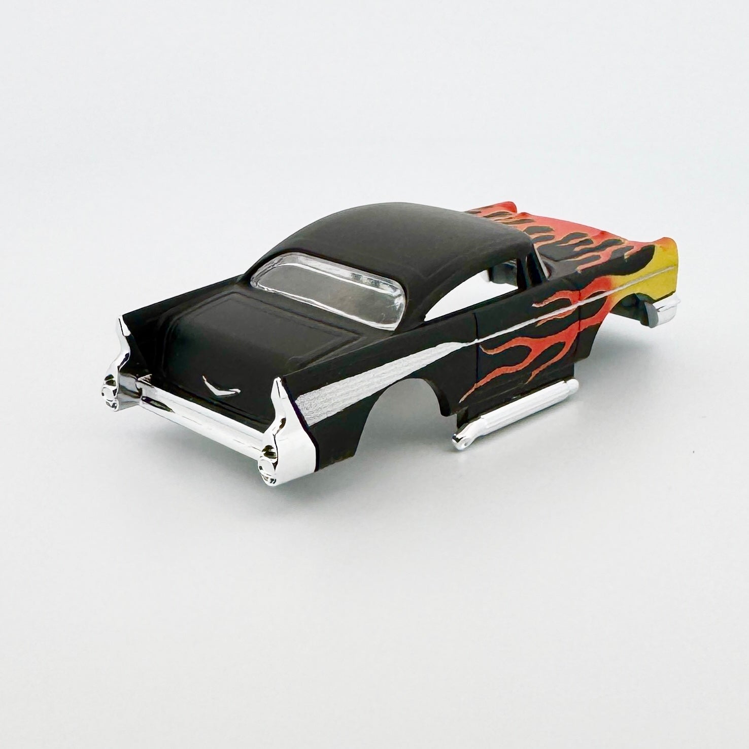 1957 Chevy Bel Air, Matte Black with Flames Body, H.O. Scale Slot Car Body for AFX Rear View