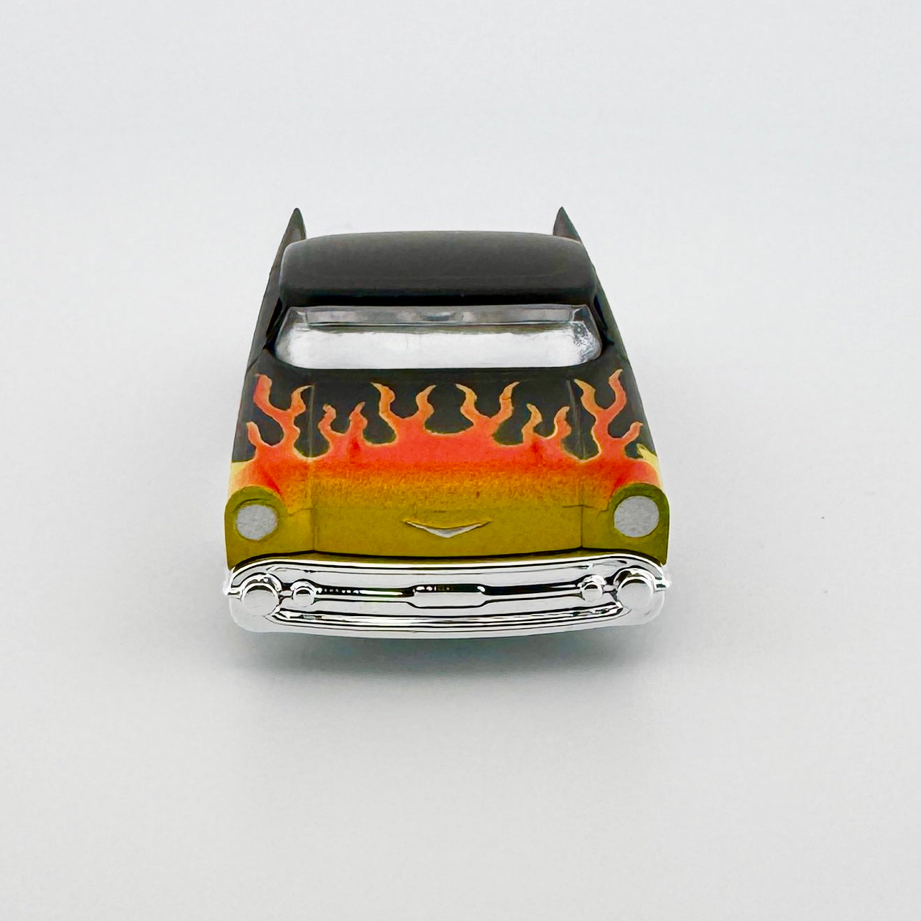1957 Chevy Bel Air, Matte Black with Flames Body, H.O. Scale Slot Car Body for AFX Front View