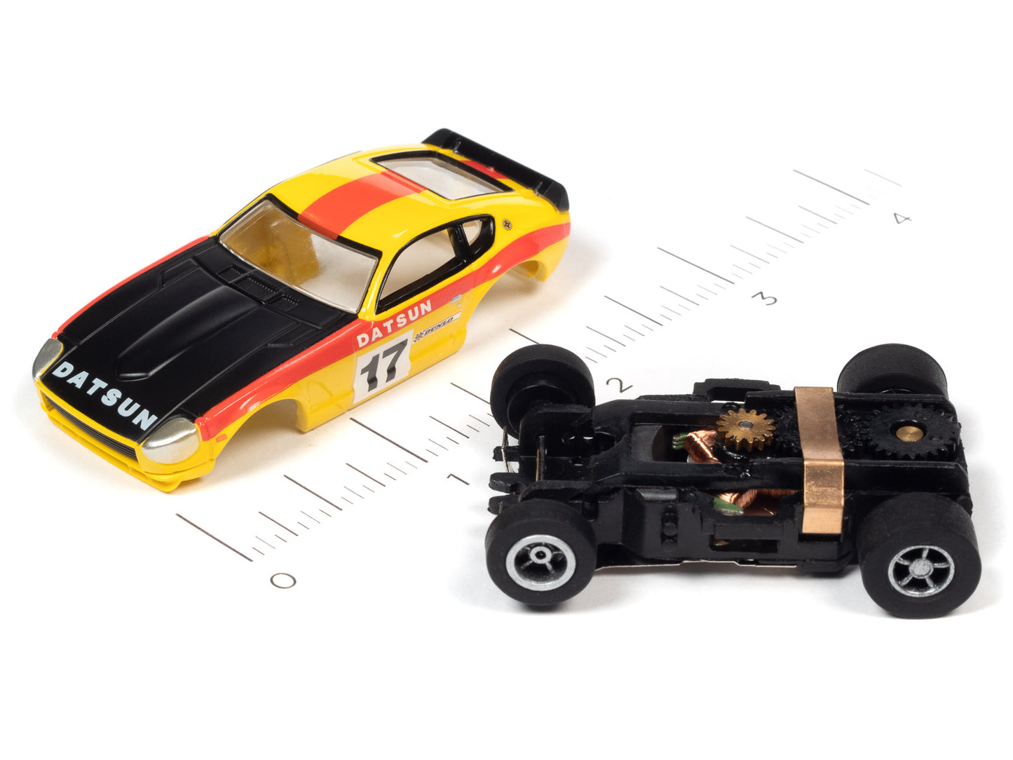 1973 Datsun 240Z (Yellow / Black) H.O. Scale Slot Car, Xtraction Chassis