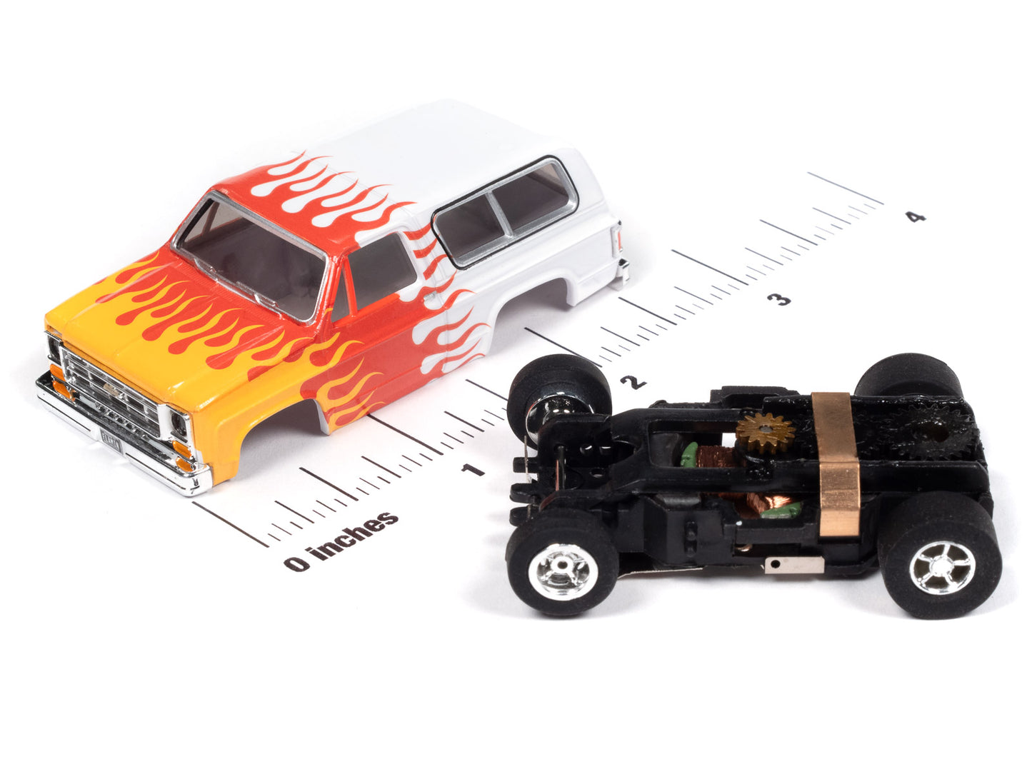 1979 Chevy Blazer (White Flames) H.O. Scale Slot Car, XTraction Chassis | Auto World